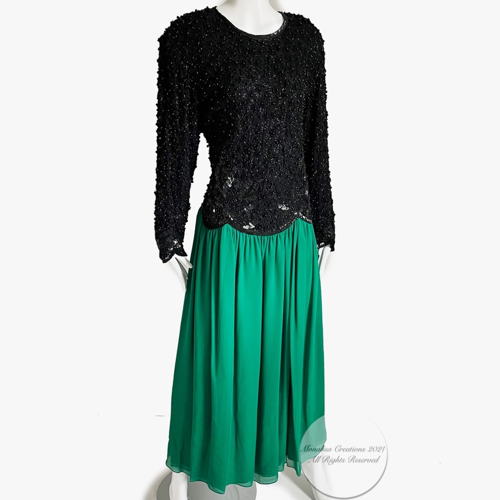 Vintage Naeem Khan Dress Riazee Nights Formal Evening Gown Maxi Beaded Silk L